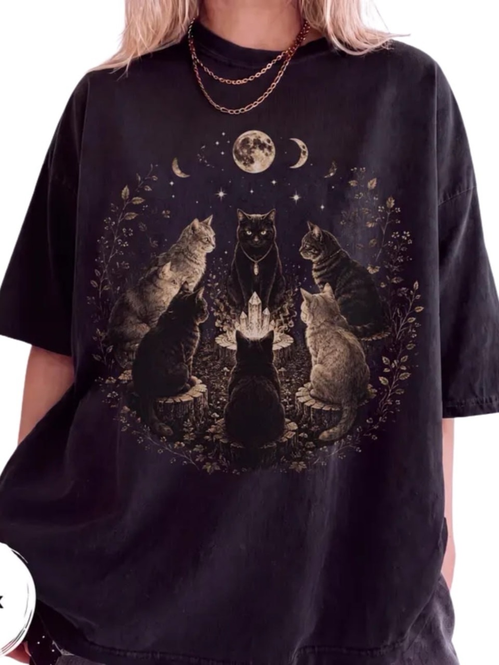 Black Short Sleeve Tee with Mystical Cat Circle Graphic